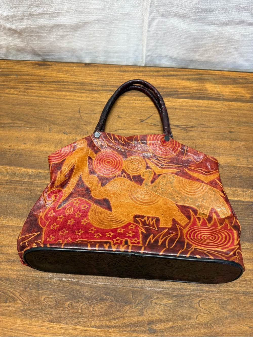 Vintage Soft Tooled Leather Elephant Tote Bag Boho Ethnic Purse Red Brown